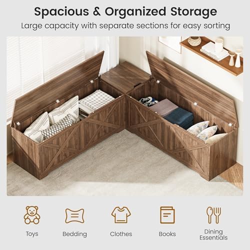 L Shaped Storage Bench, 63" Corner Bench with Storage, Breakfast Nook Be...