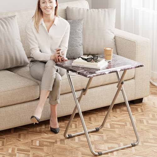 Folding TV Tray Table with Cup Holder, TV Dinner Table with Sturdy MDF Top, E...
