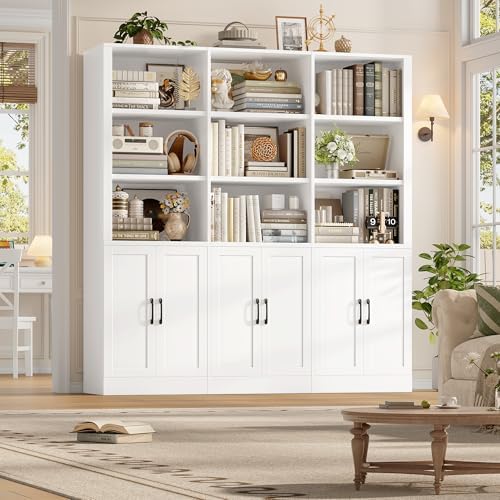 FINETONES 70” H x 63” W Triple Wide Bookshelf, Tall Bookcase with 6 Doors