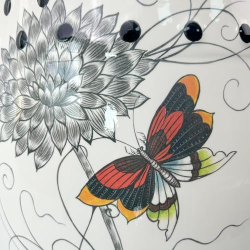 Hand-Painted Floral Bird Ceramic Drum Stool - Oriental Artistry Storage Ottom...