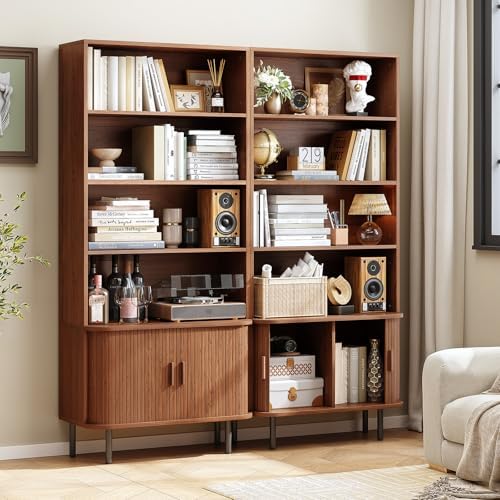 ONBRILL 71" Bookshelf with Sliding Door, Bookcase Storage Cabinet, Walnut