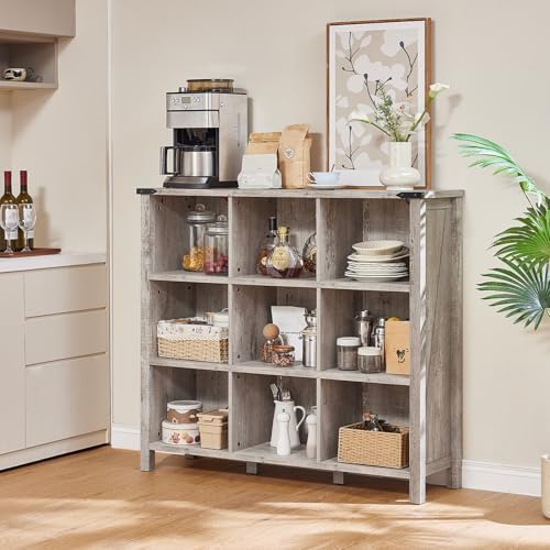 Joaxswe 9 Cube Bookcase, Farmhouse 47 Inch Wide Grey Oak Bookshelf, Wooden 3 ...