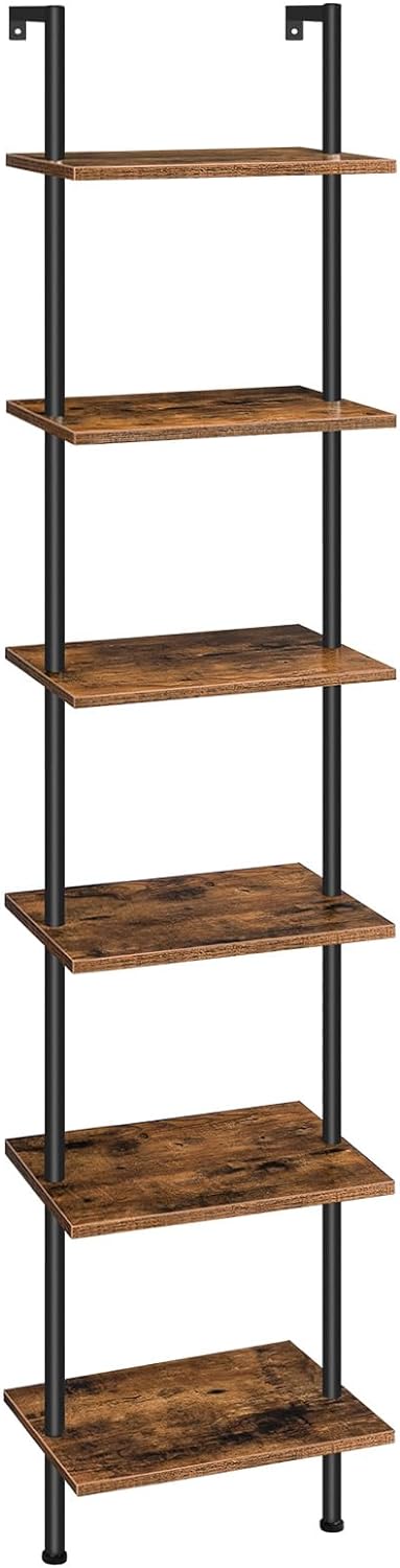 HOOBRO DIY Ladder Shelf, 6-Tier Wooden Wall Mounted Bookshelf, Narrow Bookcas...