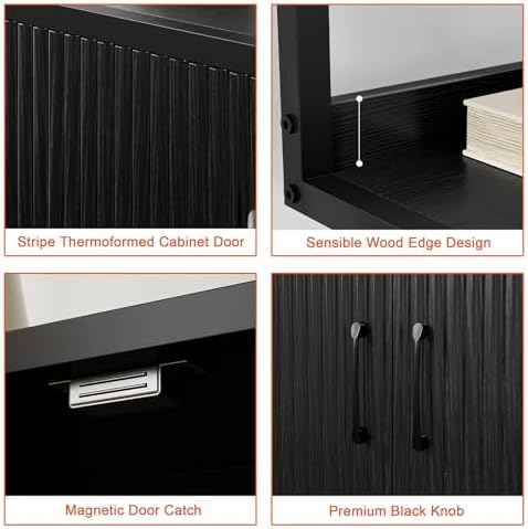 5-Tier Fluted Etagere Bookshelf Storage Cabinet Tall Bookcase Black