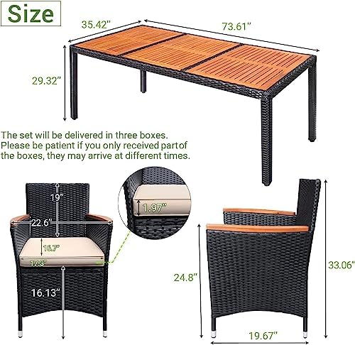 Devoko 9 PCS Acacia Wood Patio Dining Set, Black Rattan