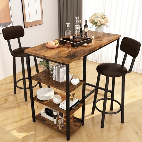 Kitchen Dining Table Set for 2, Bar Table and Chairs Set with 3 Storage Shelv...