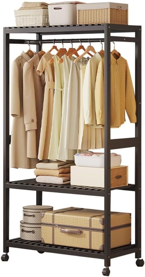 Bamboo Open Wardrobes with Wheels,Stable Clothes Rail with Rod and 2 Storage ...