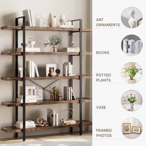 Heavy Duty 5 Tier Industrial Bookcase for Home Office, Rustic Brown