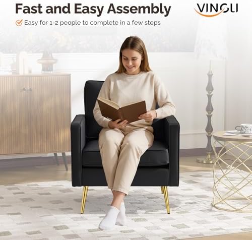 VINGLI Faux Leather Accent Chairs Set of 2 with Gold Legs for Living Room | B...