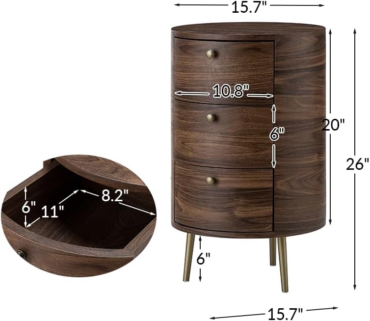 Mid Century Modern Round End Table with 3 Drawers, Small Wood Side Table with...