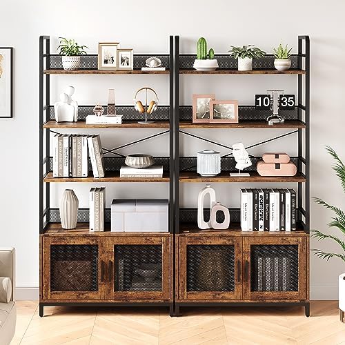 GarveeHome Bookshelf with Doors Industrial Bookcase with 4 Tiers Open Storage...