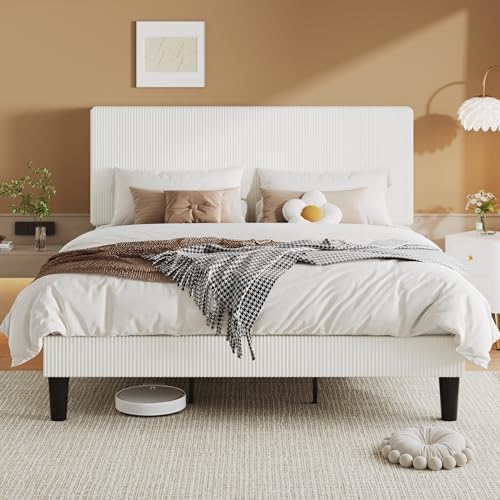 Allewie King Bed Frame, Corduroy Tufted Headboard, White