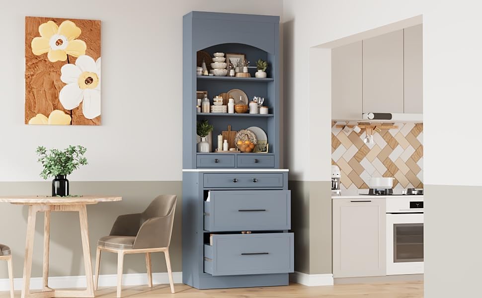 84 Inch Kitchen Pantry Cabinet with Faux Marble Top, Gray | Gray P2 MDF, kitc...