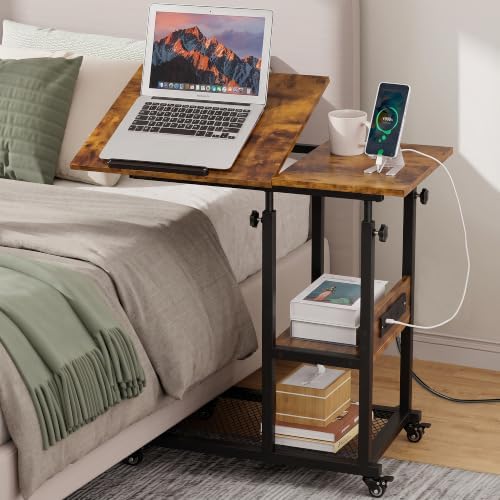 Hadulcet Adjustable C Table with Charging Station, Tiltable Desk C Shaped End...