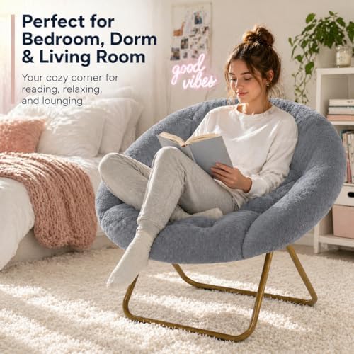 Simple Deluxe Cozy Chair, Faux Fur Saucer Chair for Bedroom, Comfy Foldable M...
