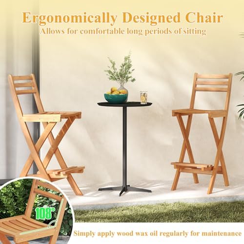 COSTWAY Outdoor Acacia Wood Folding Bar Stool with Slatted Backrest