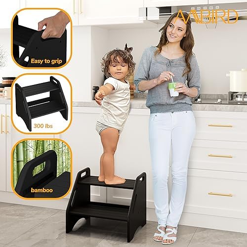 AMBIRD Wooden Step Stool - Two-Step 300 lbs Capacity With Safety Non-Slip Pad...
