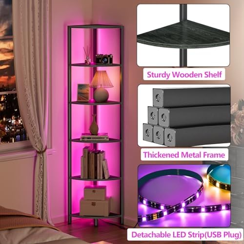 Furnulem 6 Tier Corner Shelf with LED Light, 67.5" Black Narrow Bookshelf