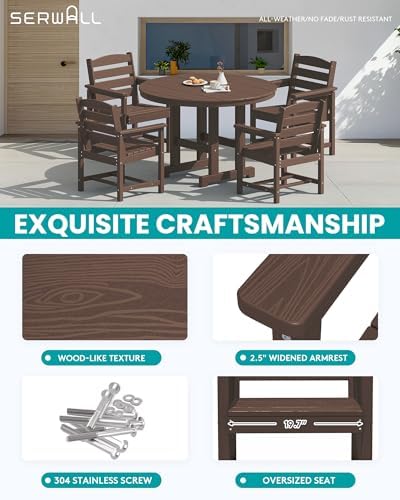SERWALL 5-Piece HDPE Round Dining Set, 45" Table, 4 Chairs, Coffee
