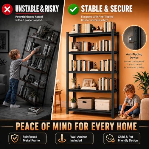 Bolt-Free Metal Bookshelf, Adjustable Tall Bookcase Freestanding Book Shelf, ...