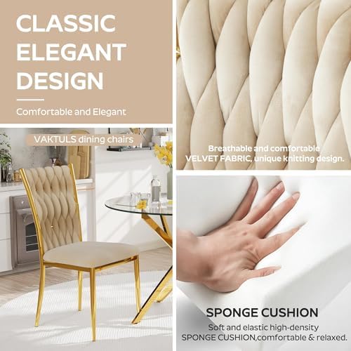 Modern Dining Chairs Set of 4, Beige Velvet Woven Kitchen Chair with Golden M...