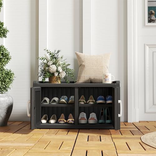 2-Tier Storage Bench, Waterproof UV-Resistant Outdoor Shoe Storage Cabinet wi...