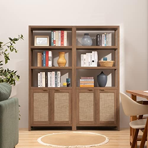 SICOTAS 71" Tall Rattan Bookshelf with Doors for Living Room Library