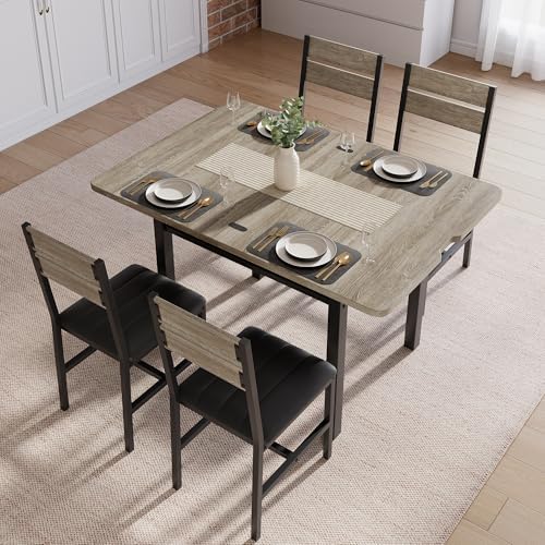Extendable Dining Table Set for 4 with Shelf Rack&4 PU Leather Chairs Grey