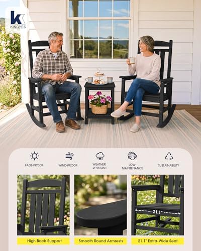 KINGYES Oversized Outdoor Rocking Chairs Set of 2, HDPE Porch Rocker, Black |...