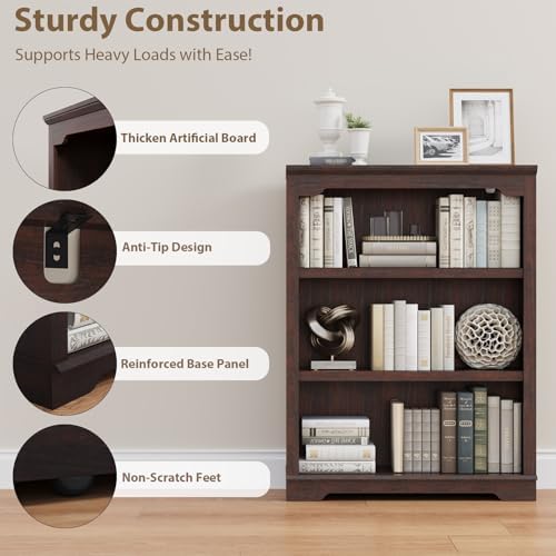 HIFYOBRO 3 Tier Sturdy Bookshelf, 42" Tall Wooden Bookcase, Cherry