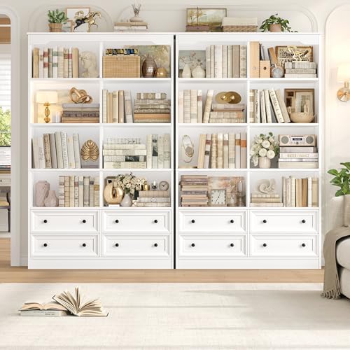FINETONES 71" Tall Bookshelf with 4 Drawers White Bookshelf Office Bookcase