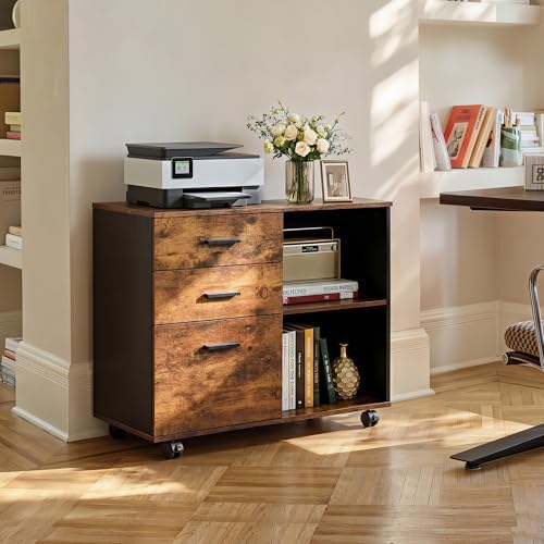 DEVAISE 3 Drawer Wood File Cabinet, Rolling Filing Cabinet with Open Storage ...
