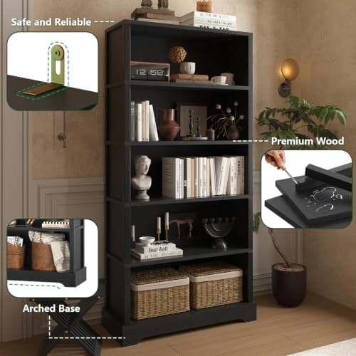 TVU 5 Tiers Wooden Bookshelf, 65.2" Tall Farmhouse Style Open Bookcase, ...