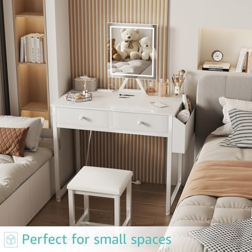 Lufeiya Small Makeup Vanity Desk with Fabric Drawers, 32 inch White Vanity De...