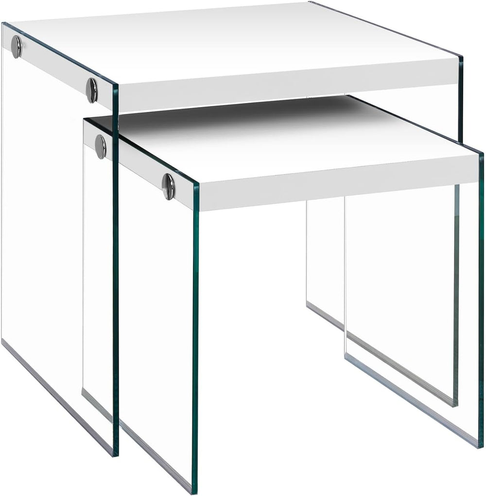 Set of 2 Square Nesting Tables with Sturdy Tempered Glass Base & Glossy W...