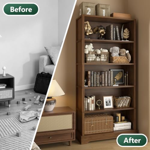TVU 5 Tiers Wooden Bookshelf, 65.2" Tall Farmhouse Style Open Bookcase, ...