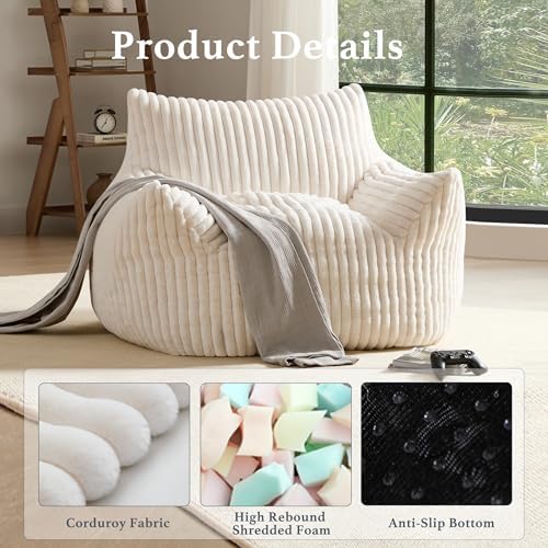 Giant Plush Bean Bag Chair for Adults with Armrests - Oversized Comfy Beige B...
