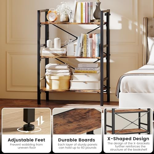 Homeiju Folding Bookshelf No Assembly, 3 Tier Bookcase Foldable Shelf