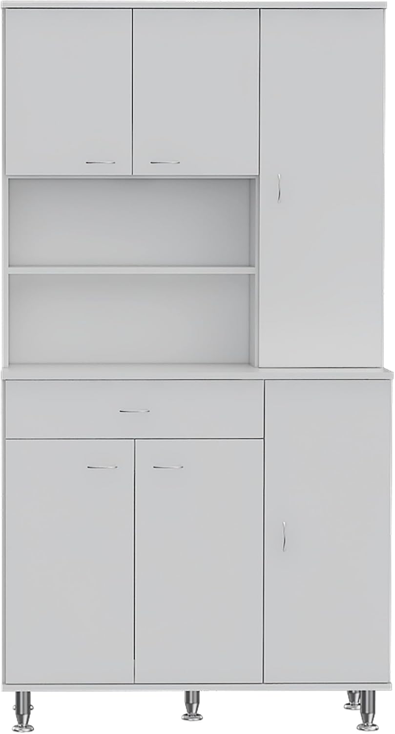 90 Kitchen Pantry Cabinet, Two Open Shelves, One Drawer, Multiple Cabinets, W...
