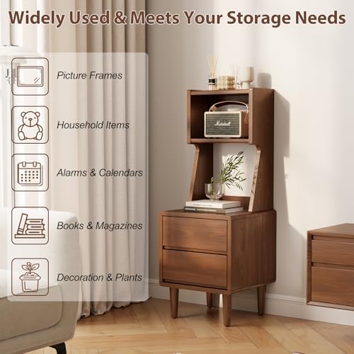 Solid Wood Bookshelf Nightstand Combo, Tall Nightstand with Bookshelf