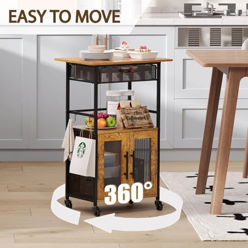 3 Tier Slim Rolling Coffee Cart with 2-Door & Pull-Out Wire Basket Drawer...