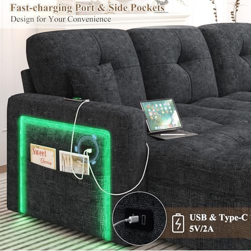 107'' LED U-Shaped Sectional Couch for Living Room, Sleeper Sofa Bed,...