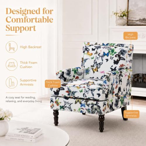Vintage Floral Accent Chair, Upholstered High Back Lounge Armchair for Living...