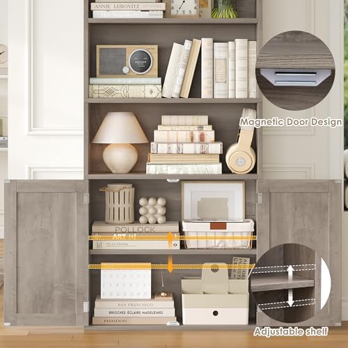 FACBOTALL 82" Tall Bookcase, Farmhouse Bookshelf with Doors, Gray
