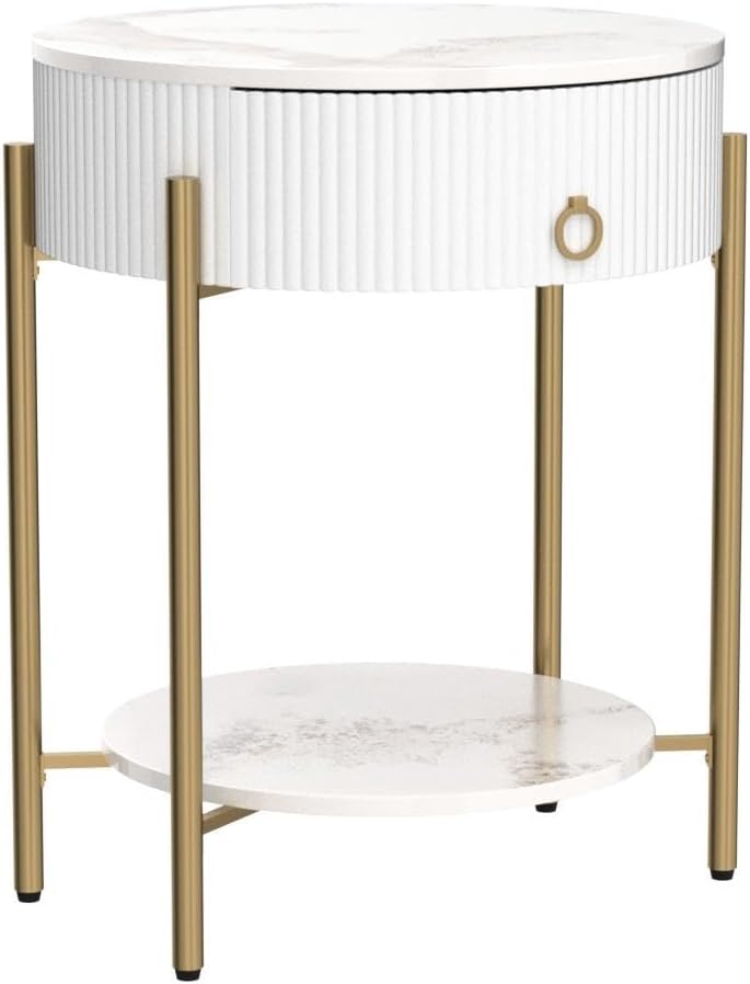 OIOG Round End Table, Nightstand with Storage, Marbling Natural Stone/Gold