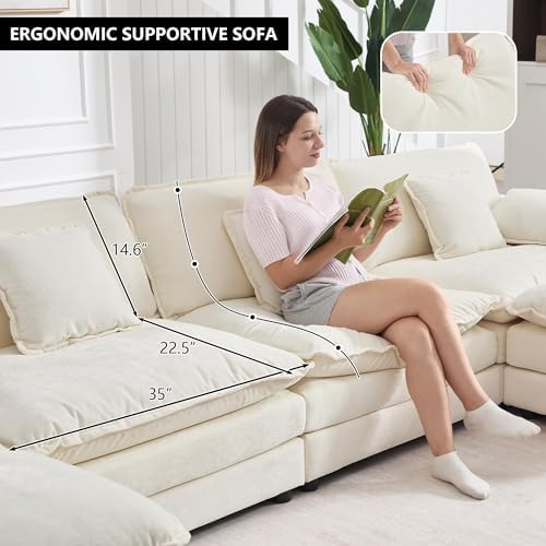 Tmsan 76.7" Beige White Cloud Couch, Small L Shape Sectional Sofa, 2 Sea...