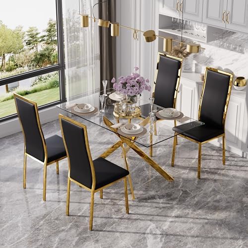 Modern Glass Dining Table Set for 4, 5-Piece Rectangular Kitchen Table Set wi...