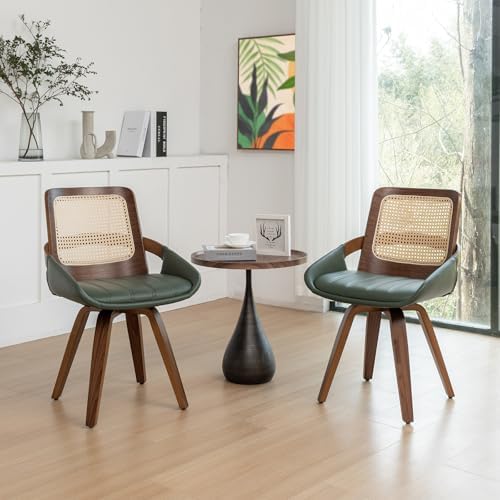 Set of 4 Green Rattan Dining Chairs - Mid Century Modern Dining Chairs with W...