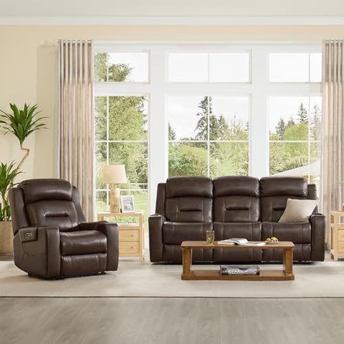 Watson & Whitely Genuine Leather Lay Flat Power Reclining Sofa, Brown | 3...