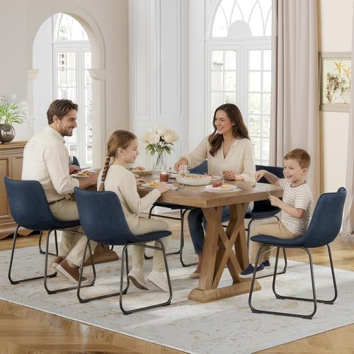 Dining Chairs Set of 6, 18in PU Leather Modern Kitchen Chairs, Blue